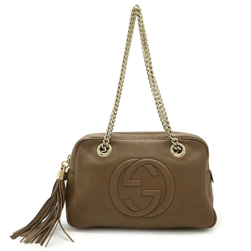Gucci Soho Interlocking G Chain Shoulder Bag Fringe Tassel Leather Brown